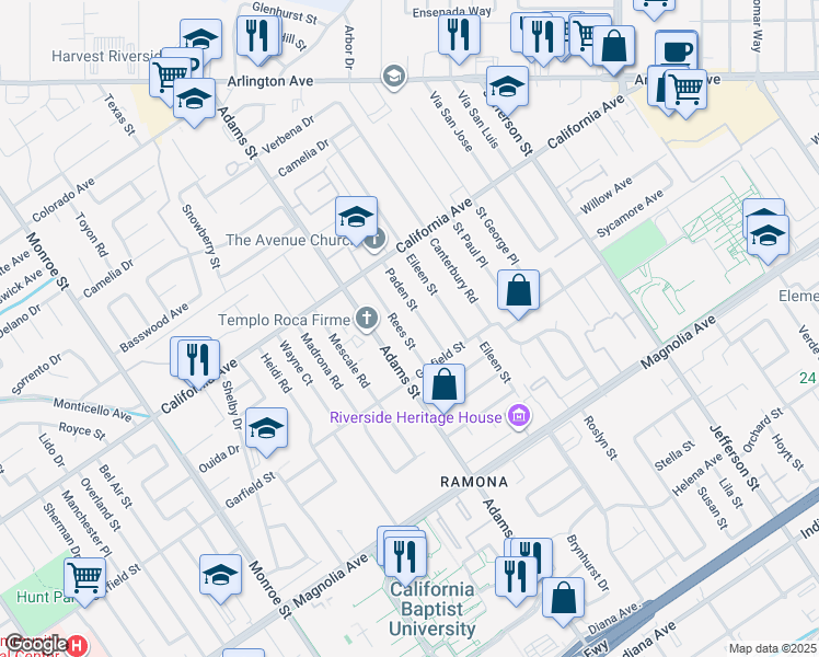 map of restaurants, bars, coffee shops, grocery stores, and more near 4079 Adams Street in Riverside