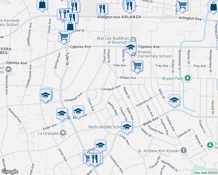 map of restaurants, bars, coffee shops, grocery stores, and more near 10042 Campbell Avenue in Riverside