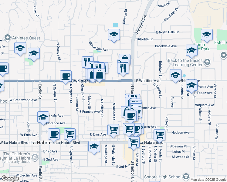 map of restaurants, bars, coffee shops, grocery stores, and more near 951 East Greenwood Avenue in La Habra
