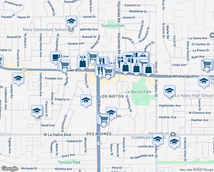 map of restaurants, bars, coffee shops, grocery stores, and more near 650 Ridgeway Lane in La Habra