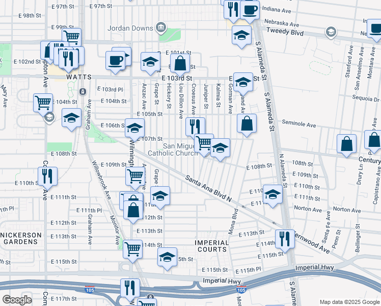 map of restaurants, bars, coffee shops, grocery stores, and more near 10818 Lou Dillon Avenue in Los Angeles