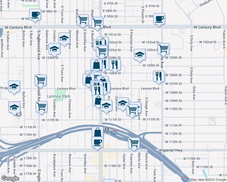 map of restaurants, bars, coffee shops, grocery stores, and more near 10827 Acacia Avenue in Lennox