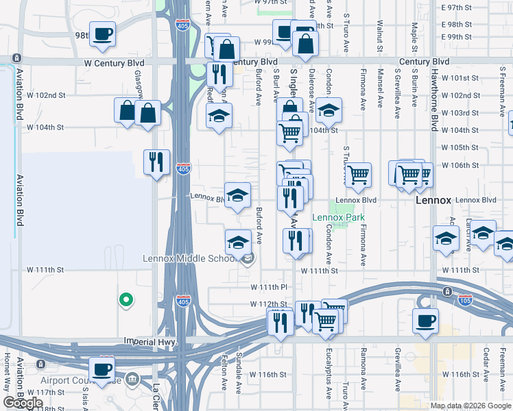 map of restaurants, bars, coffee shops, grocery stores, and more near 10820 Buford Avenue in Lennox
