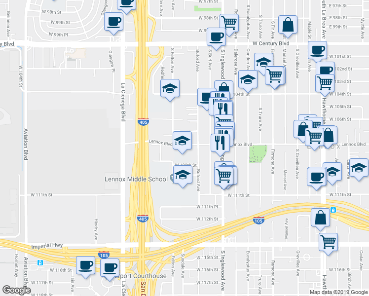 map of restaurants, bars, coffee shops, grocery stores, and more near 4919 West 109th Street in Inglewood