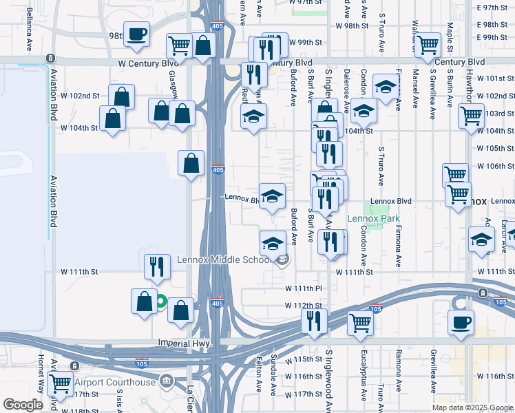 map of restaurants, bars, coffee shops, grocery stores, and more near 10827 1/2 Redfern Avenue in Inglewood