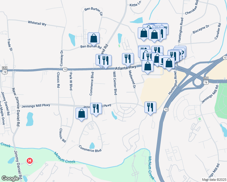 map of restaurants, bars, coffee shops, grocery stores, and more near 160 Mill Center Boulevard in Bogart