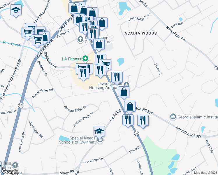 map of restaurants, bars, coffee shops, grocery stores, and more near 303 Windsor Farms Drive in Lawrenceville