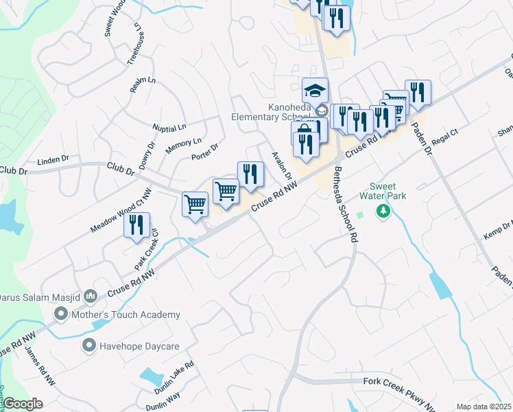 map of restaurants, bars, coffee shops, grocery stores, and more near 2782 Cruse Road Northwest in Lawrenceville