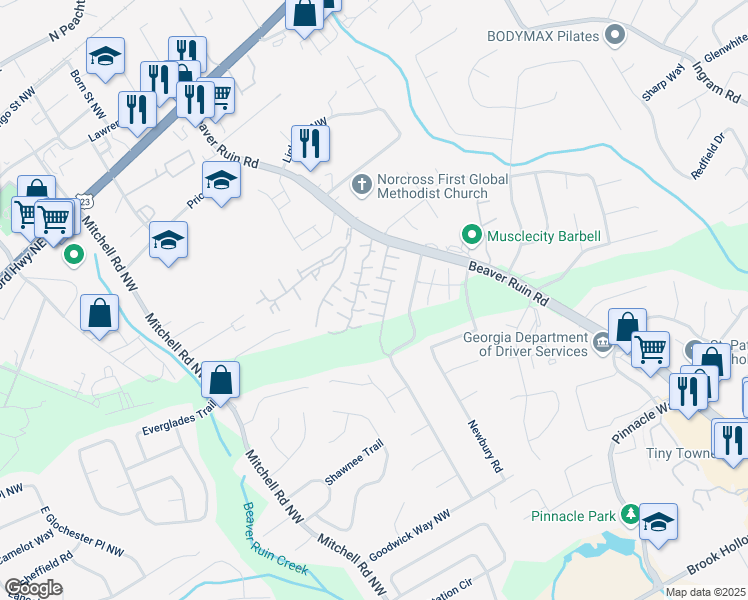 map of restaurants, bars, coffee shops, grocery stores, and more near 5401 Fox Creek Lane Northwest in Norcross