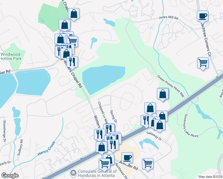 map of restaurants, bars, coffee shops, grocery stores, and more near 3345 spring Drive in Atlanta