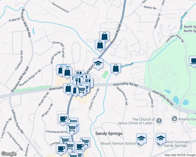 map of restaurants, bars, coffee shops, grocery stores, and more near 147 Alderwood Hill Northeast in Sandy Springs
