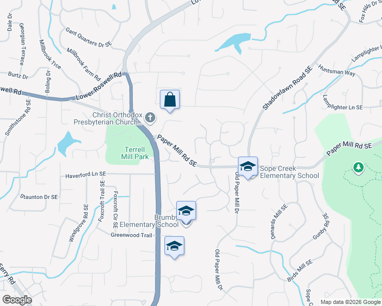 map of restaurants, bars, coffee shops, grocery stores, and more near 3263 Dunbery Chase Southeast in Marietta