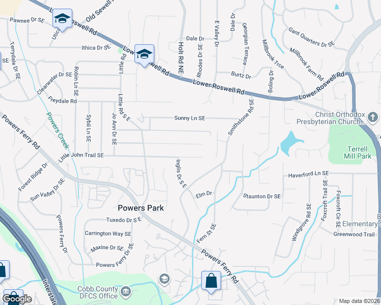 map of restaurants, bars, coffee shops, grocery stores, and more near 2603 Little John Trail Southeast in Marietta