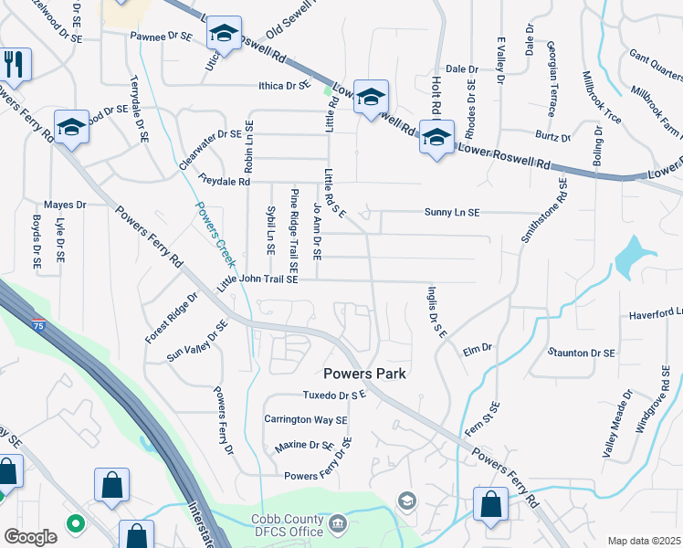 map of restaurants, bars, coffee shops, grocery stores, and more near 2419 Little John Trail Southeast in Marietta