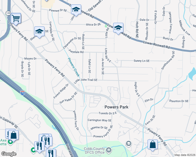 map of restaurants, bars, coffee shops, grocery stores, and more near 2350 Little John Trail Southeast in Marietta