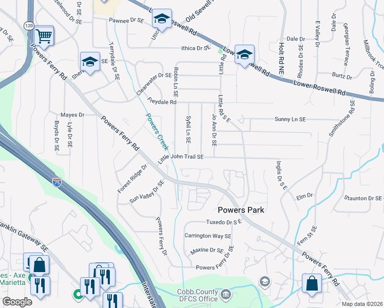 map of restaurants, bars, coffee shops, grocery stores, and more near 2300 Little John Trail Southeast in Marietta