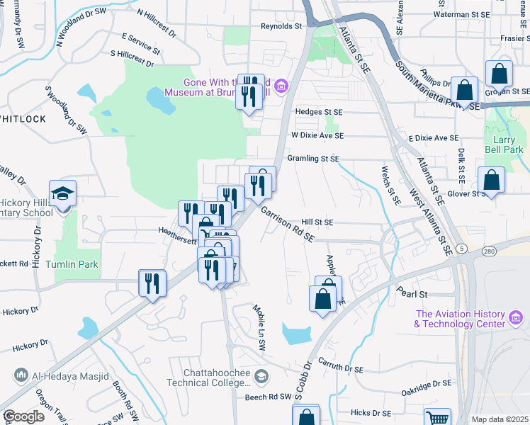 map of restaurants, bars, coffee shops, grocery stores, and more near 8 Garrison Road Southeast in Marietta