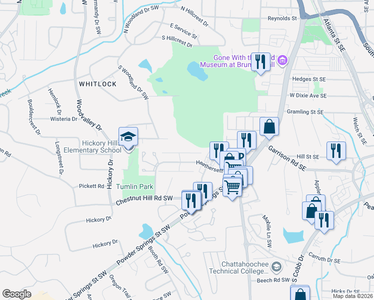 map of restaurants, bars, coffee shops, grocery stores, and more near 268 Toweridge Drive Southwest in Marietta