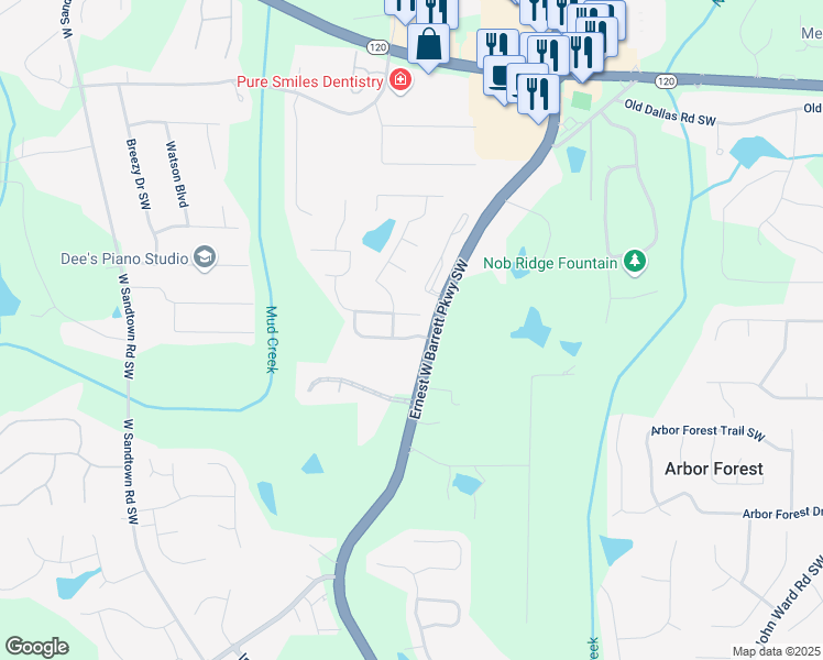 map of restaurants, bars, coffee shops, grocery stores, and more near 2559 Alexander Farms Drive Southwest in Marietta