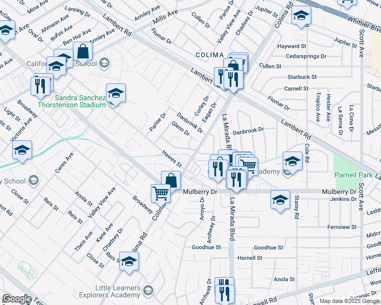 map of restaurants, bars, coffee shops, grocery stores, and more near 10635 Colima Road in Whittier