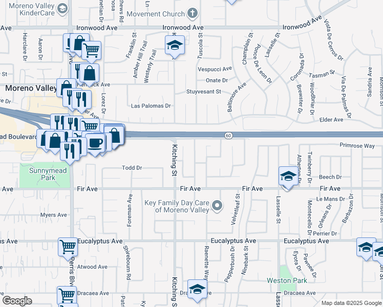 map of restaurants, bars, coffee shops, grocery stores, and more near 12577 Willow Tree Avenue in Moreno Valley