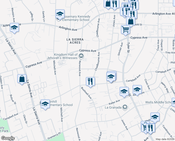 map of restaurants, bars, coffee shops, grocery stores, and more near 10560 Robinson Avenue in Riverside