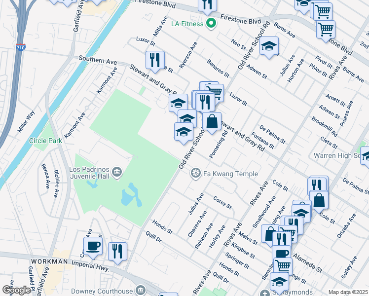 map of restaurants, bars, coffee shops, grocery stores, and more near 11995 Old River School Road in Downey