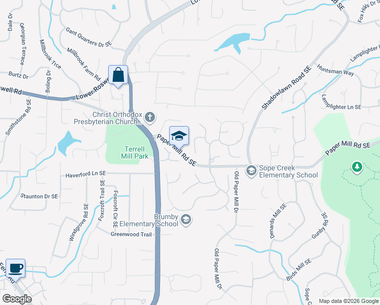 map of restaurants, bars, coffee shops, grocery stores, and more near 3263 Dunbery Chase Southeast in Marietta