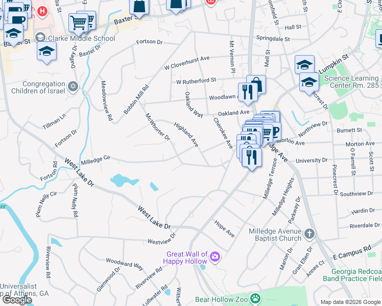 map of restaurants, bars, coffee shops, grocery stores, and more near 430 Milledge Circle in Athens
