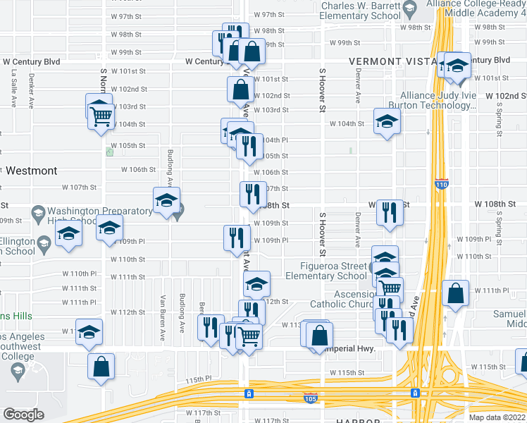map of restaurants, bars, coffee shops, grocery stores, and more near 832 West 108th Street in Los Angeles