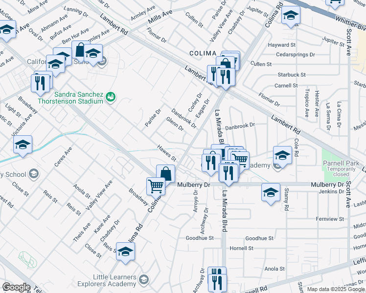 map of restaurants, bars, coffee shops, grocery stores, and more near 14758 Dunton Drive in Whittier