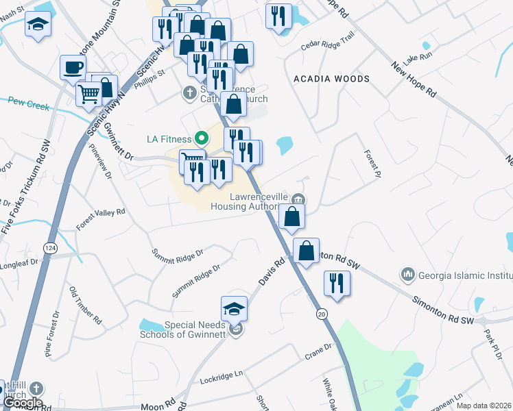 map of restaurants, bars, coffee shops, grocery stores, and more near 303 Windsor Farms Drive in Lawrenceville