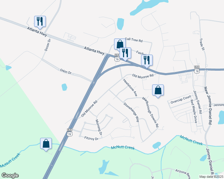 map of restaurants, bars, coffee shops, grocery stores, and more near 235 Old Monroe Road in Bogart