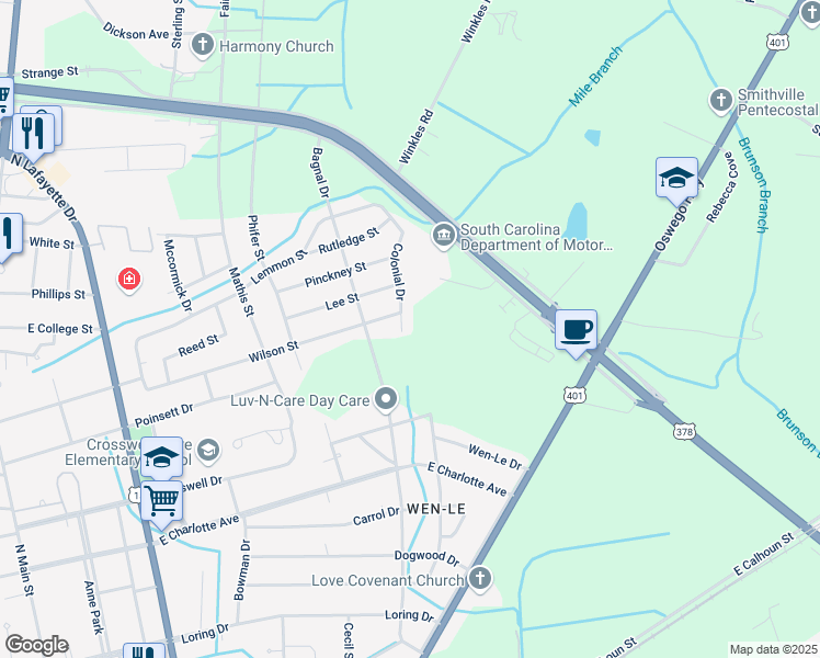 map of restaurants, bars, coffee shops, grocery stores, and more near 505 Colonial Drive in Sumter