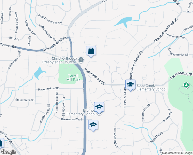 map of restaurants, bars, coffee shops, grocery stores, and more near 3191 Palisades Court Southeast in Marietta