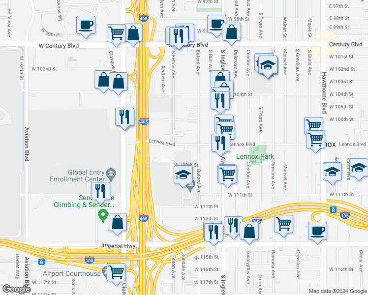 map of restaurants, bars, coffee shops, grocery stores, and more near 4932 Lennox Boulevard in Inglewood