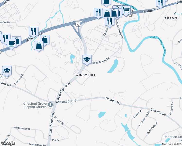 map of restaurants, bars, coffee shops, grocery stores, and more near 137 Windy Hill Court in Athens