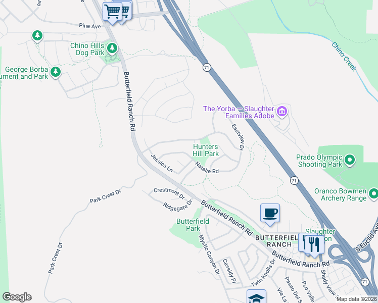 map of restaurants, bars, coffee shops, grocery stores, and more near 6034 Natalie Road in Chino Hills