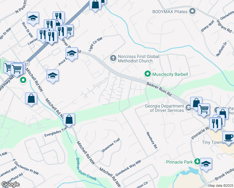 map of restaurants, bars, coffee shops, grocery stores, and more near 5401 Fox Creek Lane Northwest in Norcross