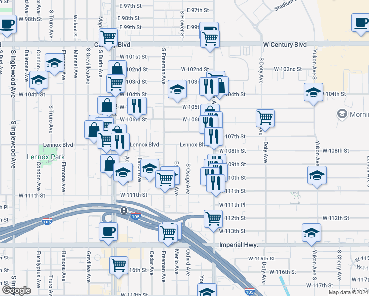 map of restaurants, bars, coffee shops, grocery stores, and more near 4106 Lennox Boulevard in Inglewood
