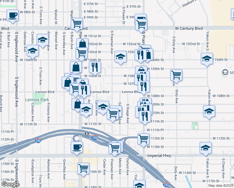 map of restaurants, bars, coffee shops, grocery stores, and more near 4144 Lennox Boulevard in Inglewood