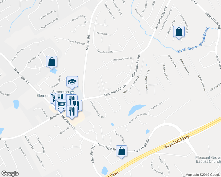 map of restaurants, bars, coffee shops, grocery stores, and more near 375 Grovehurst Cove Southeast in Lawrenceville