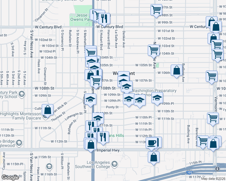 map of restaurants, bars, coffee shops, grocery stores, and more near 1649 West 109th Street in Los Angeles