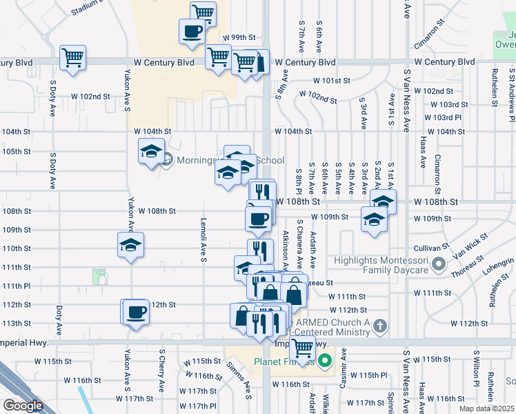 map of restaurants, bars, coffee shops, grocery stores, and more near 3132 West 108th Street in Inglewood