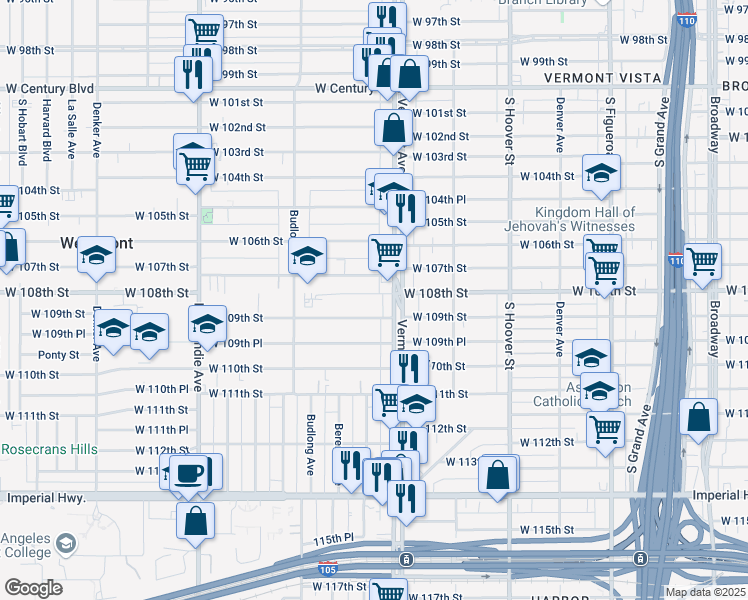 map of restaurants, bars, coffee shops, grocery stores, and more near 1020 West 108th Street in Los Angeles