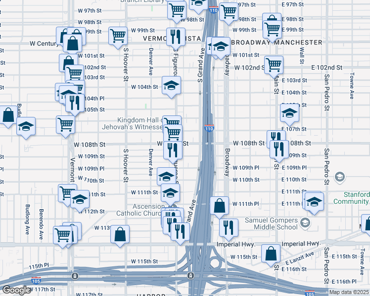 map of restaurants, bars, coffee shops, grocery stores, and more near 10822 South Figueroa Street in Los Angeles