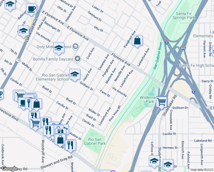 map of restaurants, bars, coffee shops, grocery stores, and more near 10419 Newville Avenue in Downey