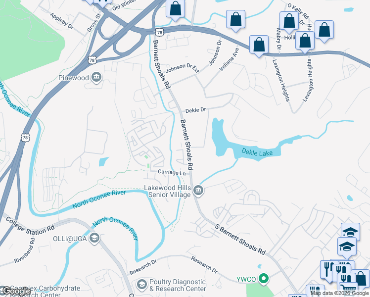 map of restaurants, bars, coffee shops, grocery stores, and more near 660 Barnett Shoals Road in Athens