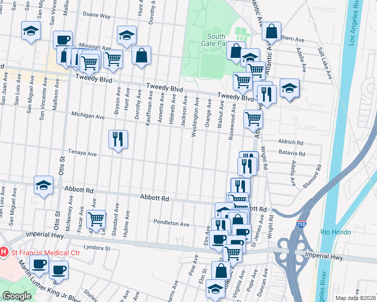 map of restaurants, bars, coffee shops, grocery stores, and more near 10309 Washington Avenue in South Gate