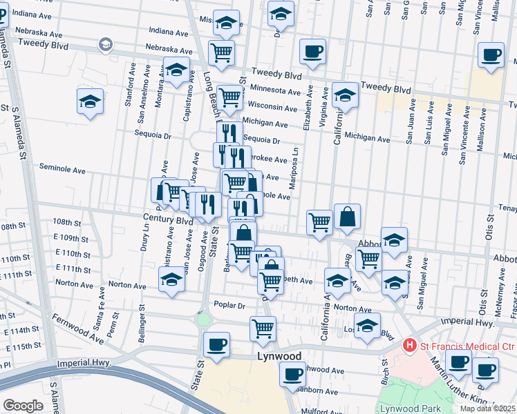 map of restaurants, bars, coffee shops, grocery stores, and more near 3301 Tecumseh Avenue in Lynwood